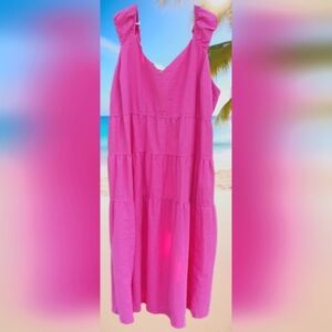 Pink Tiered Sun Dress Seersucker All-Day Maxi Dress Size 4X